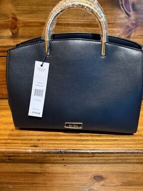 BCBG Black Faux Leather Top-Handle Satchel with Gold Hardware